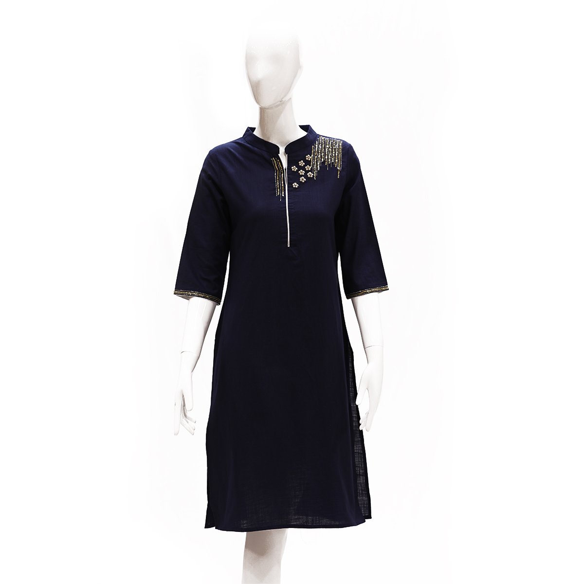 Desi Belle Solid Kurta With Flat Band Collar And Hand Embroidery-Navy