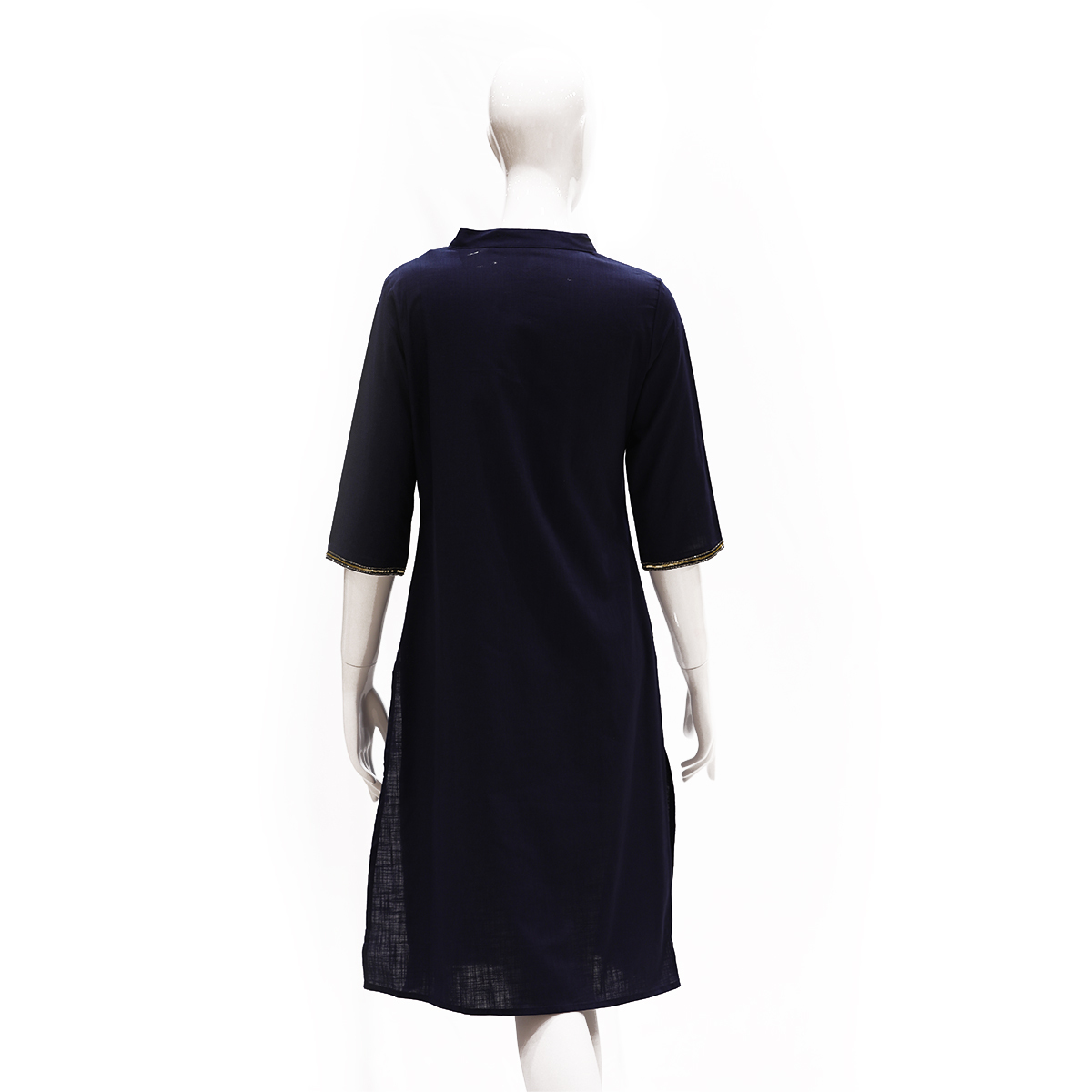 Desi Belle Solid Kurta With Flat Band Collar And Hand Embroidery-Navy