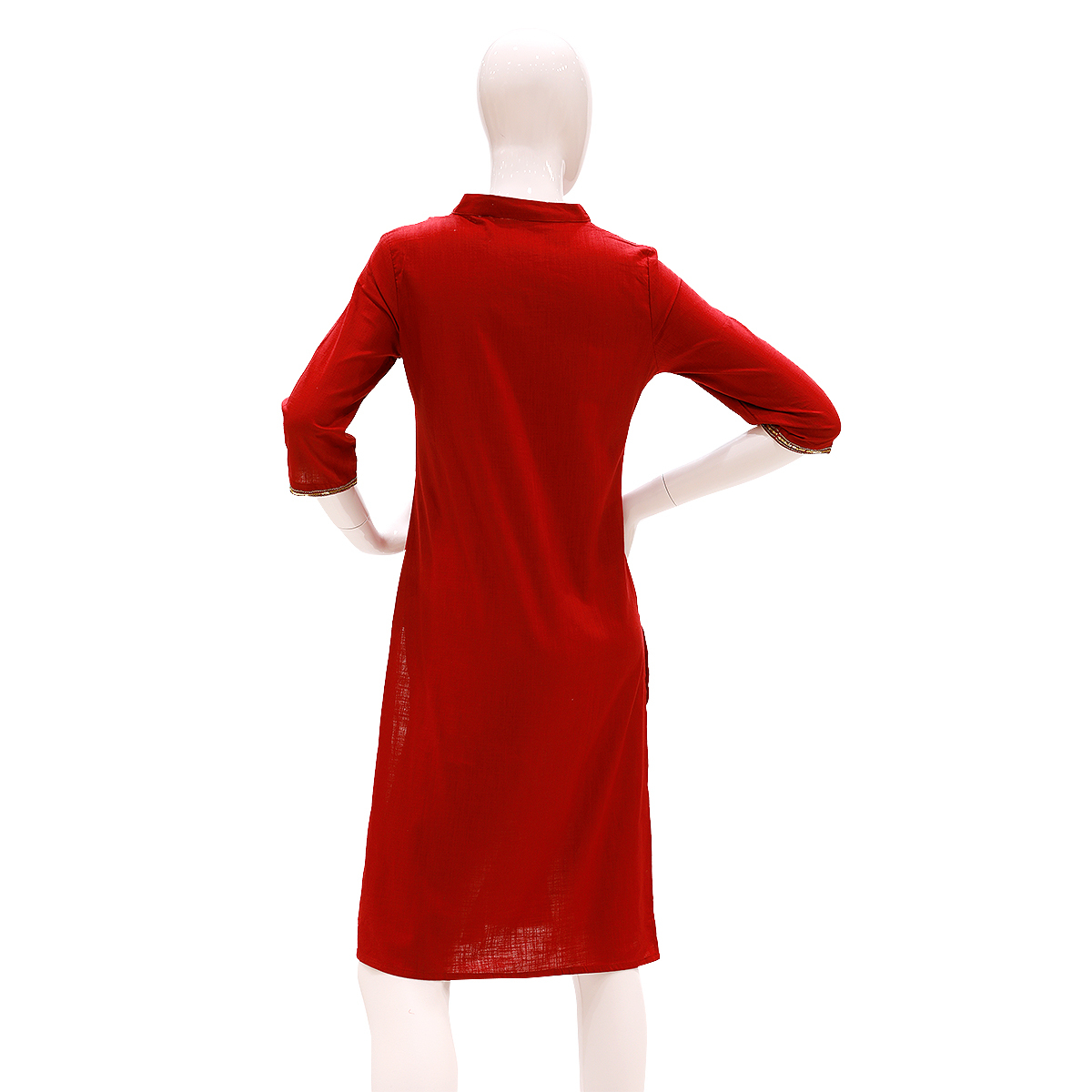 Desi Belle Solid Kurta With Flat Band Collar And Hand Embroidery-Red