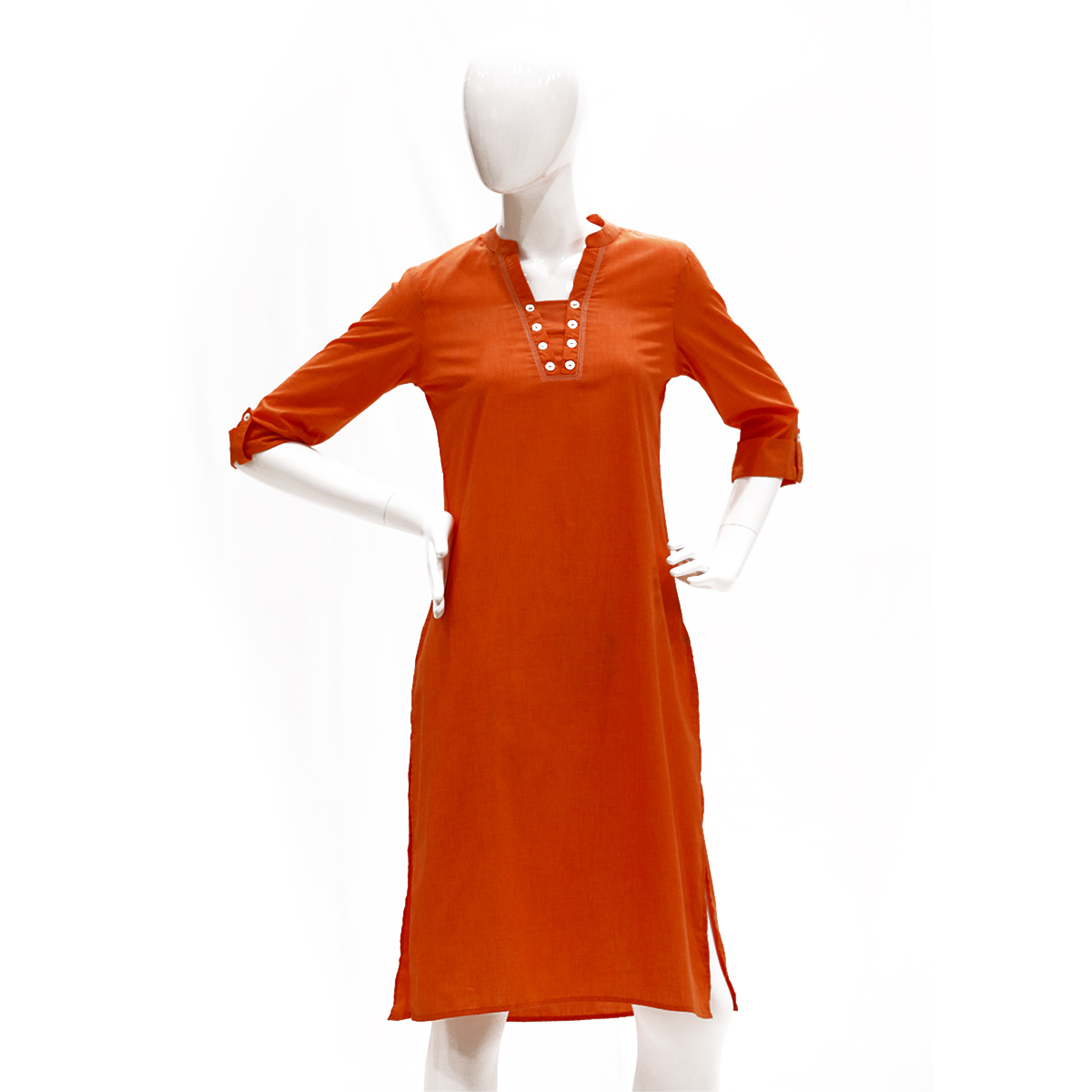 Desi Belle Solid Kurta With Flat Band Collar And Placket-Orange