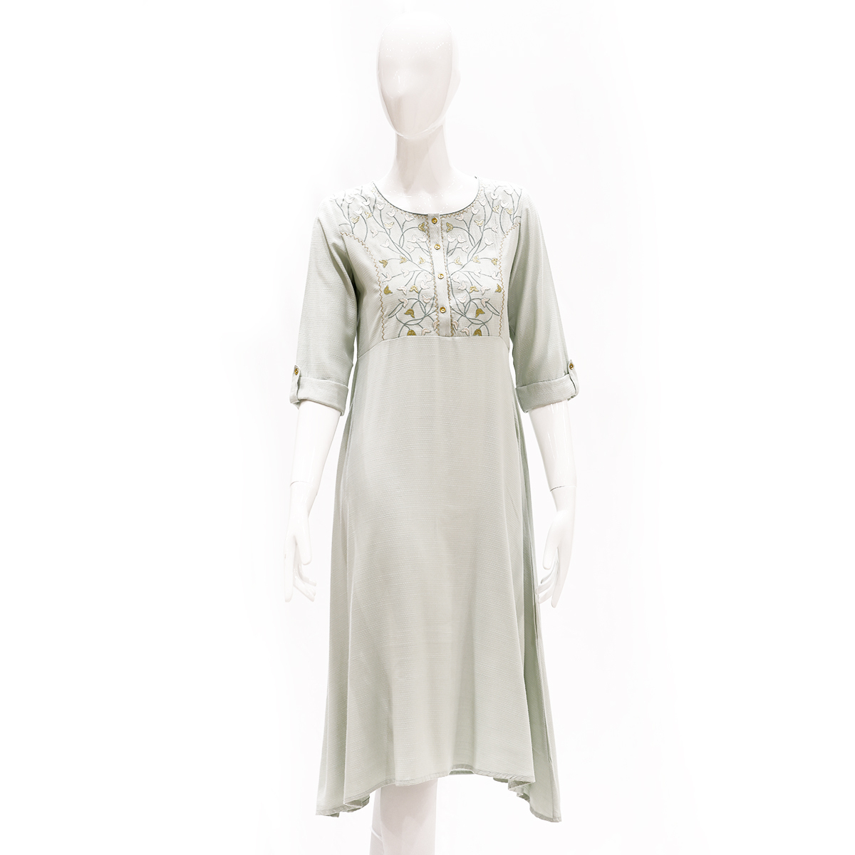 Desi Belle Fit And Flared Kurta With Embroidered Princess Seam Yoke And Button Placket- Pista