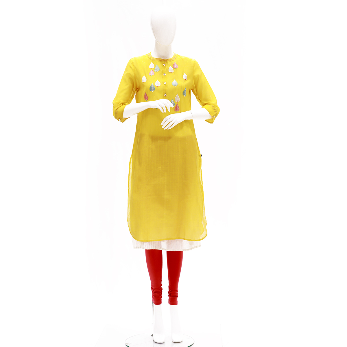 Desi Belle Double Layer Kurta With Motif Embroidery-Yellow