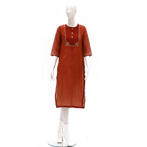 Desi Belle Kurta With Embroidered Yock And Neck Plackets-Brick Red