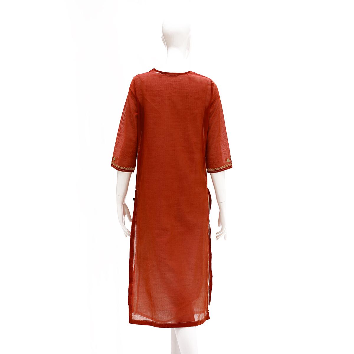 Desi Belle Kurta With Embroidered Yock And Neck Plackets-Brick Red