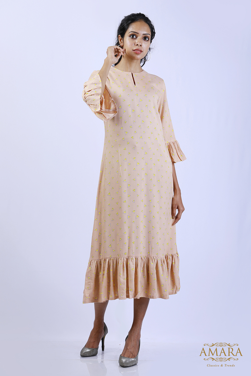 Amara Slitted Round Neck Dress with Styled Sleeve - Powder Peach