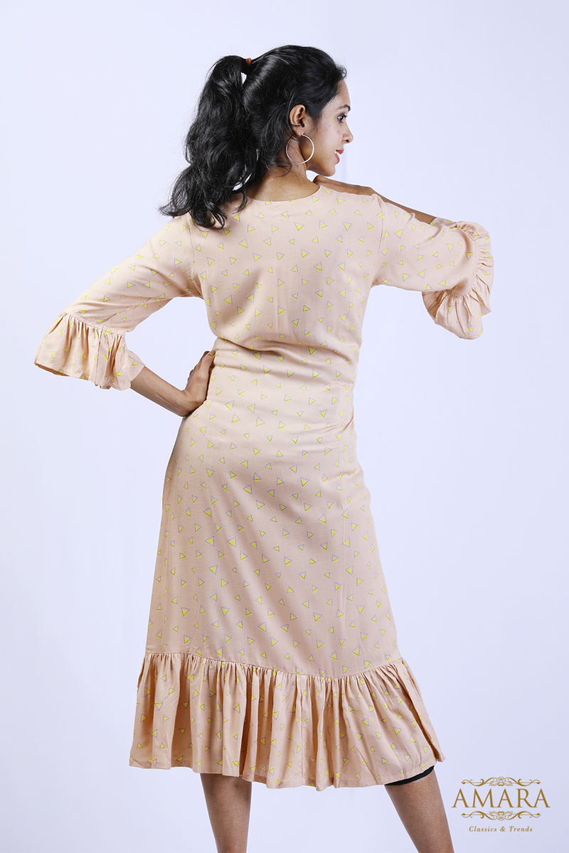 Amara Slitted Round Neck Dress with Styled Sleeve - Powder Peach