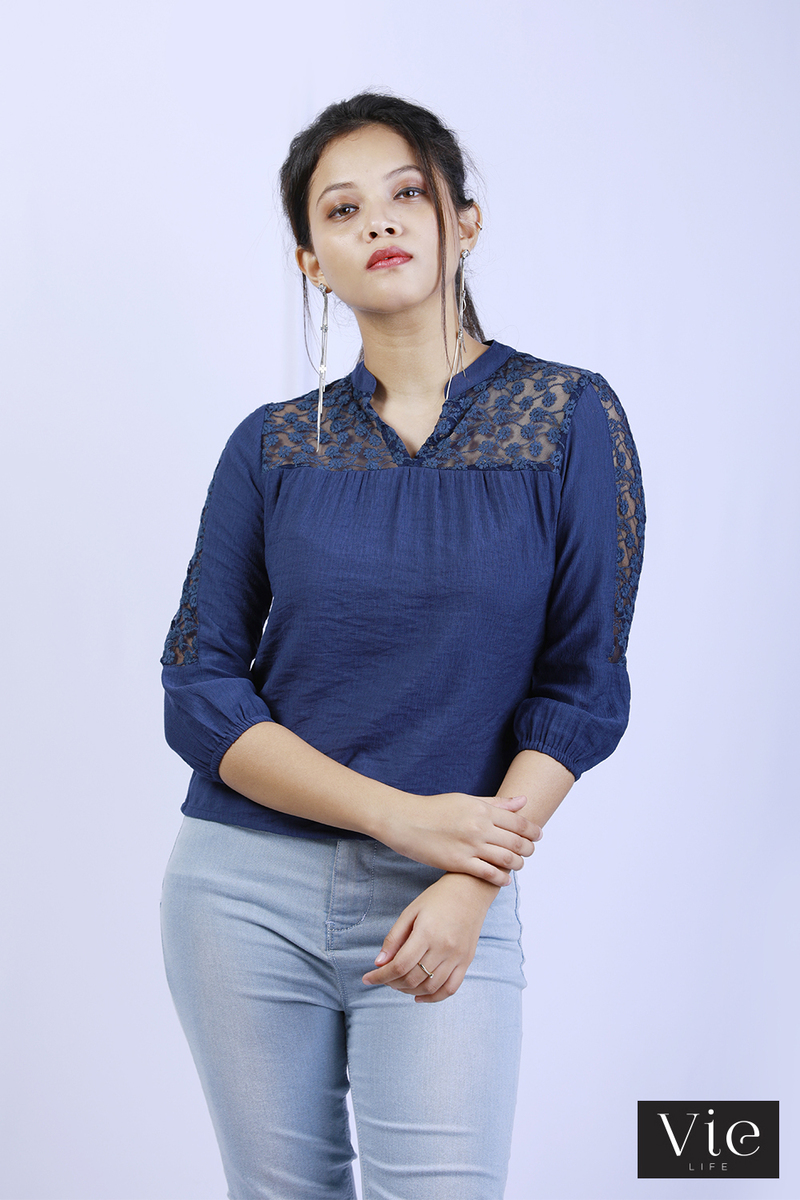 Vie Life Yoked Peasant Sleeve Top Styled With Lace - Navy