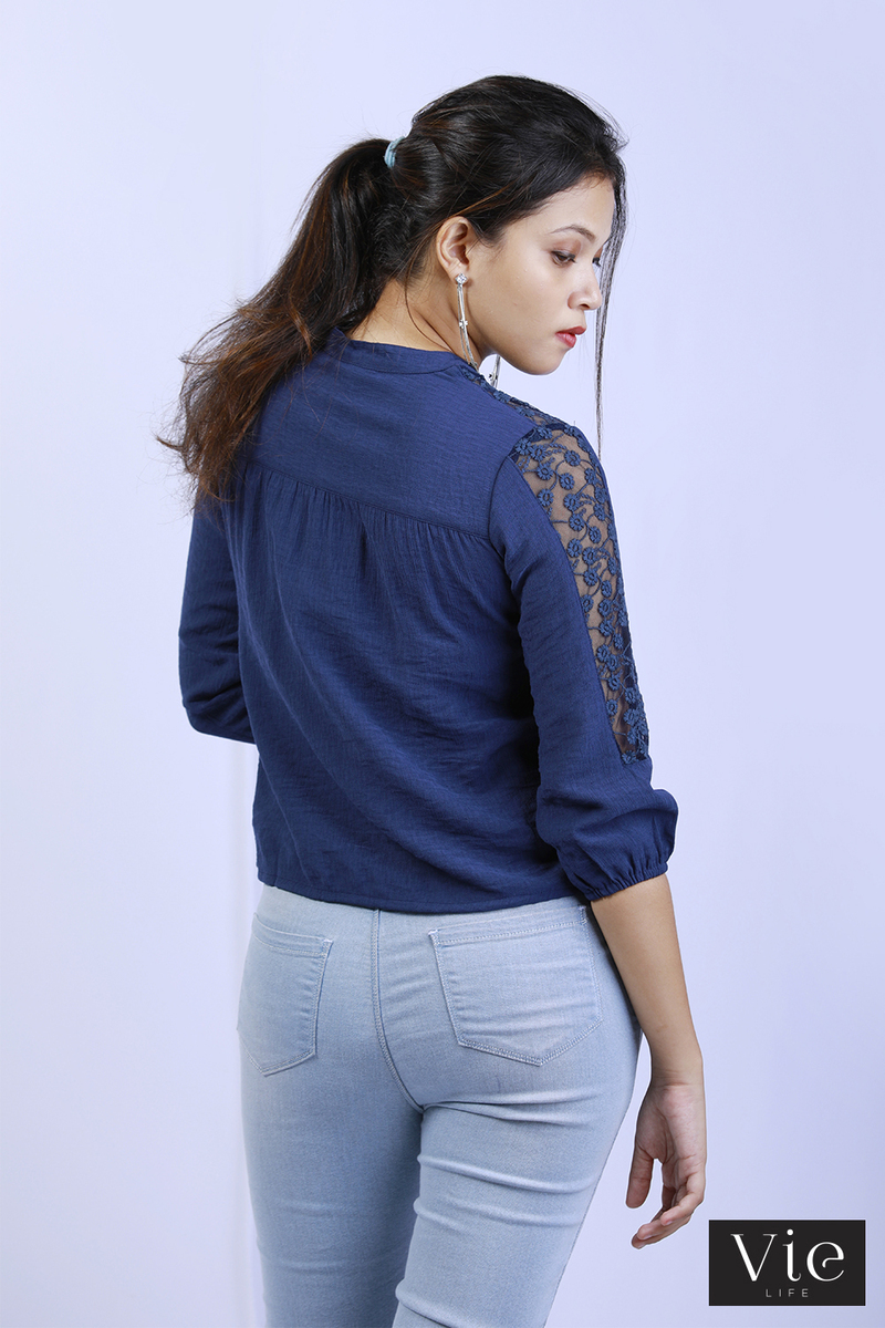 Vie Life Yoked Peasant Sleeve Top Styled With Lace - Navy