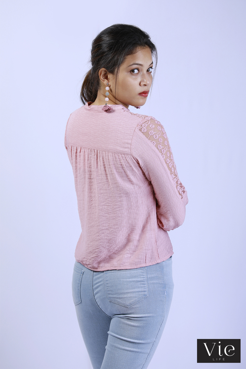 Vie Life Yoked Peasant Sleeve Top Styled With Lace - Pink
