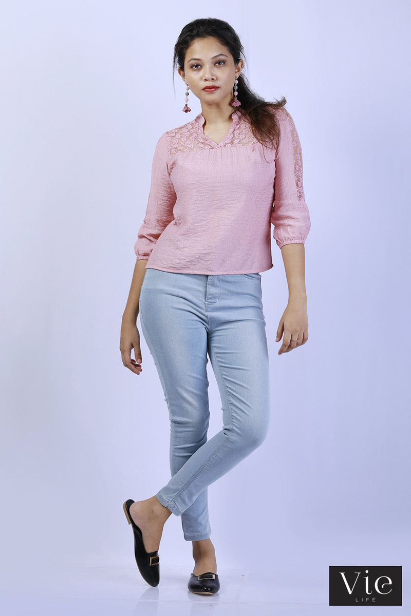 Vie Life Yoked Peasant Sleeve Top Styled With Lace - Pink