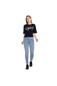 Jealous 21 Crew Neck Elbow Length Sleeve Silver Quote Printed Viscose T-Shirt - Black