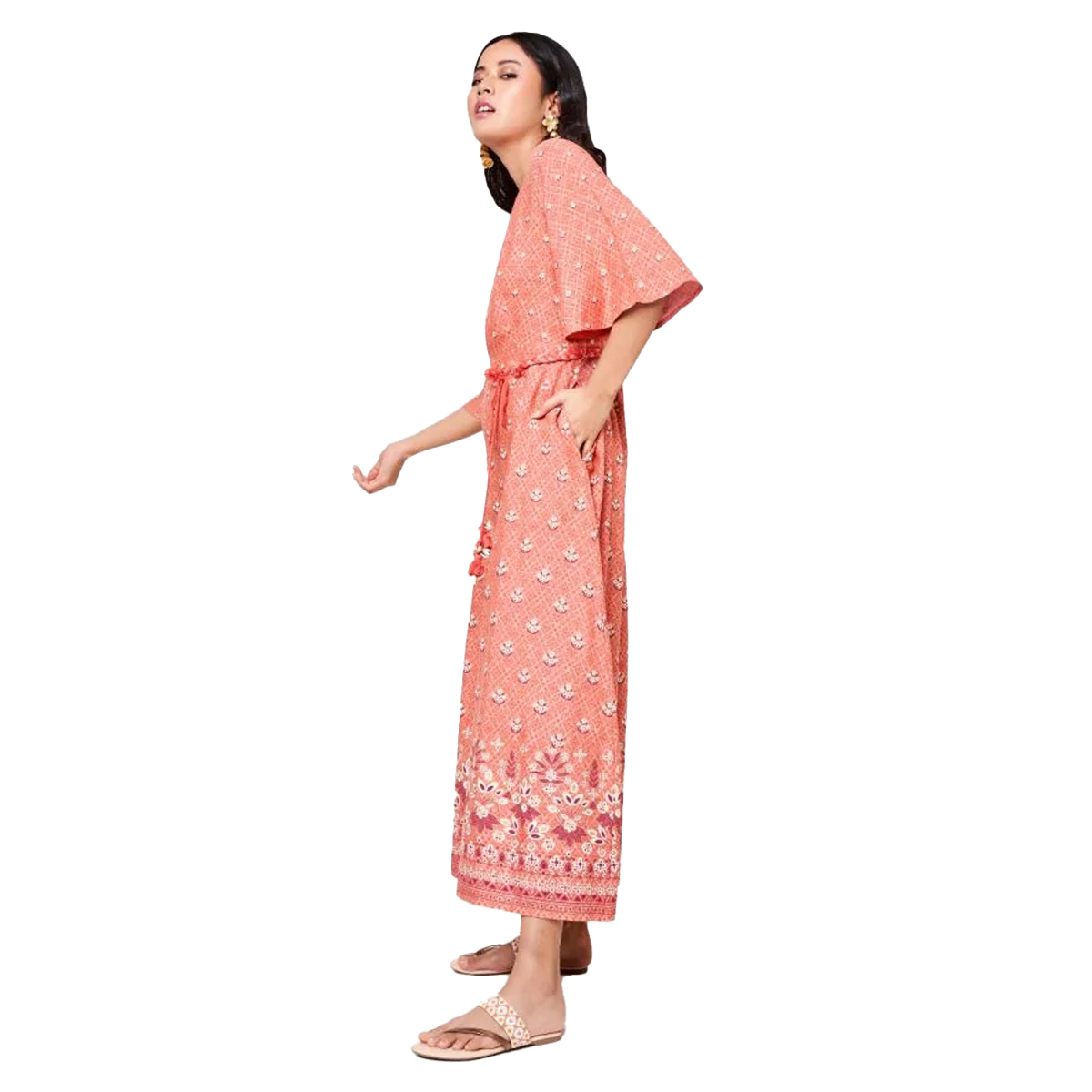 Global Desi Flared Printed Bell Sleeve Jumpsuit Styled With Waist Tie-Up & Chocker Neck  - Pink
