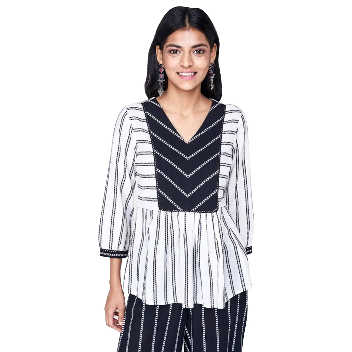 Global Desi Striped Gathered Peplum Top Styled with V Neck Yoke - Off White