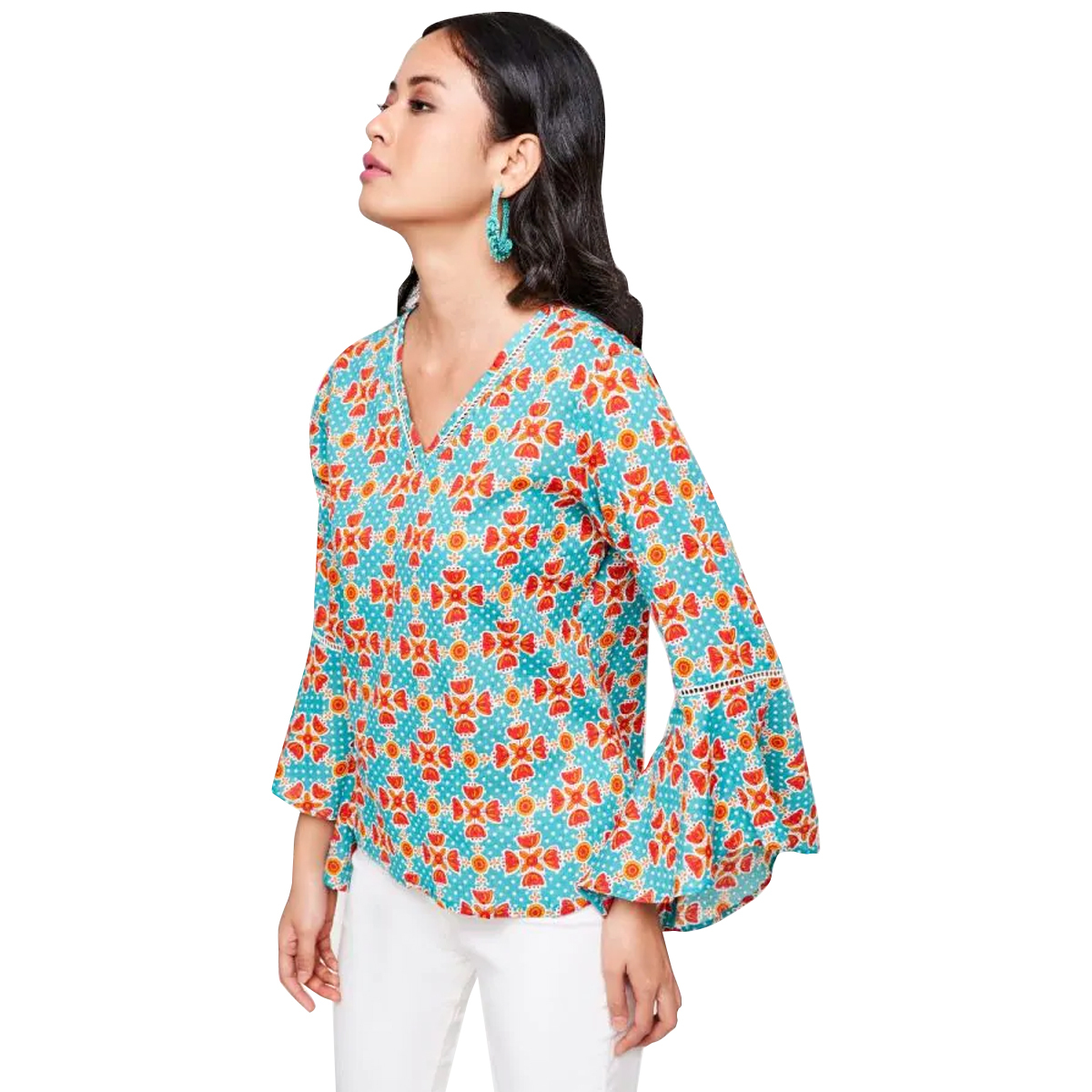 Global Desi Printed V Neck Top Styled With Bell Sleeve - Sage Green