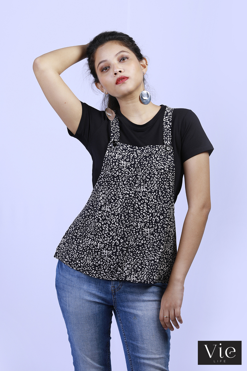 Vie Life Animal Printed Dungarees Style Top With Inner T - Shirt - Black
